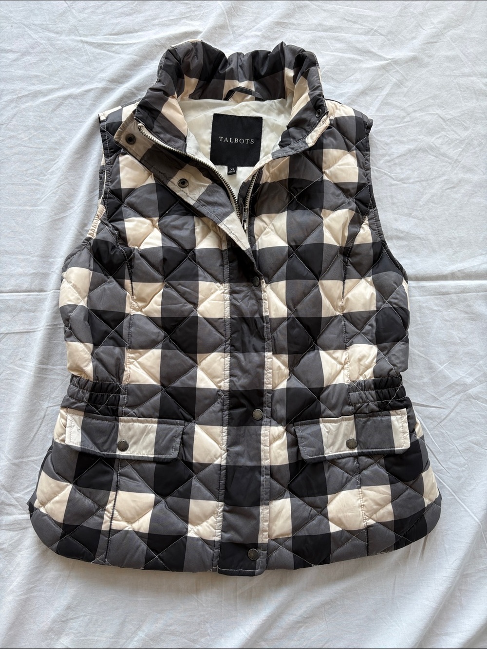 Talbots Quilted Buffalo Plaid Down Puffer Vest Womens XS Black and Cream